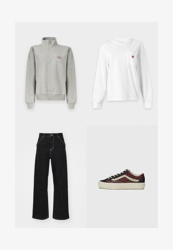 Lichtgrijze quarter-zip sweater met geribde manchetten en zoom, voorzien van een klein meerkleurig logovignet op de linkerborst.; Wit longsleeve shirt met ronde hals en borstzakje met een klein rood hartvormig logo aan de rechterkant.; Zwart wijde jeans gemaakt van denim. Voorzien van contrasterende witte stiksels, voorkanten zakken en een knoopsluiting in de taille.; Vans OLD SKOOL 36 UNISEX - Sneakers laag - bordeaux