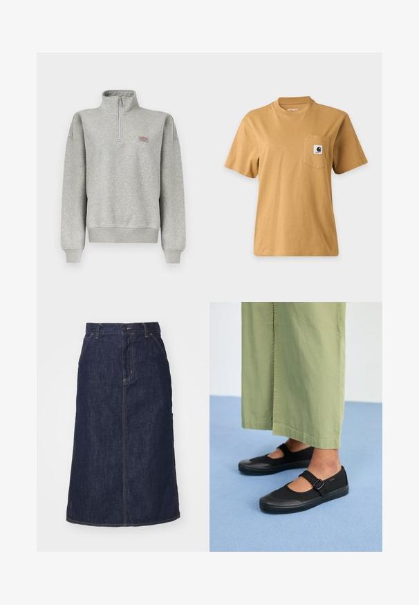 Lysegrå sweatshirt med kvart-lynlås, ribkant ved ærmer og kant, med en lille flerfarvet logopatch på venstre bryst.; Enkelt brun kortærmet t-shirt med en brystlomme med en firkantet mærkelogo-patch, vist på en ensartet lys baggrund.; Mørk denimnederdel med høj talje, lige skæring, forlommer og stikninger. Har lynlås og knaplukning i taljen.; Sorte kanvas sko med rund tå, gummisål og en spænde rem. Parret med løse, lysegrønne bukser.