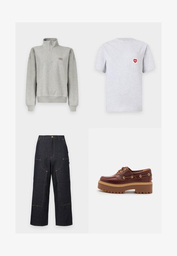 Lichtgrijze quarter-zip sweater met geribde manchetten en zoom, voorzien van een klein meerkleurig logovignet op de linkerborst.; Lichtgrijs T-shirt van katoen, met een ronde hals en korte mouwen. Linkerborstzak met een rood etiket in de vorm van een hart.; Donkerblauwe wijde denim broek met meerdere zakken aan de voorkant, contrasterende oranje stiksels en een knoopsluiting in de taille.; Bruine leren botenschoenen met een stevige bruine rubberen zool, gouden ogen en contraststiksels. Heeft een logo aan de zijkant.