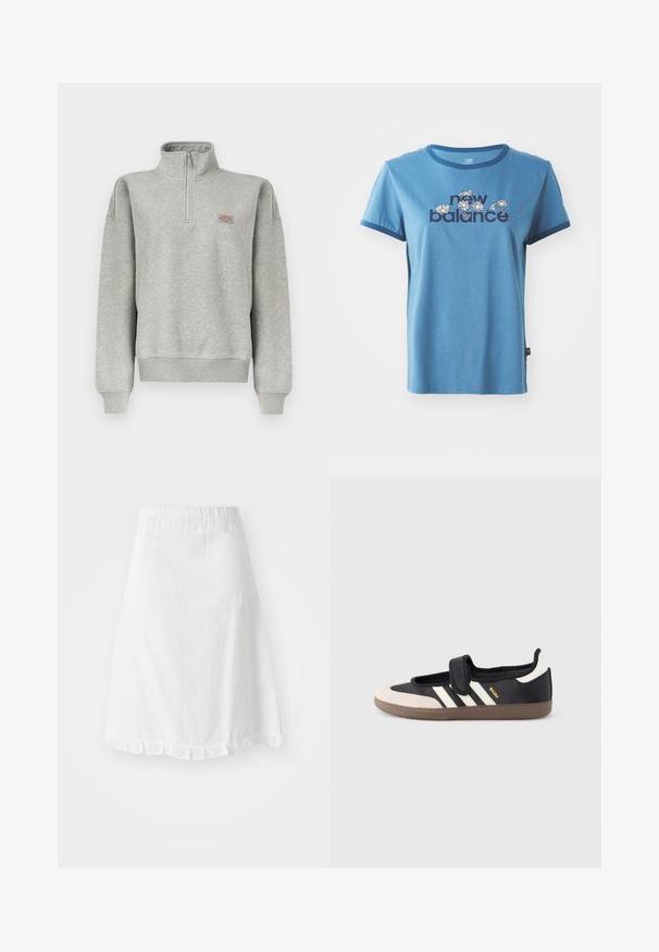Sweat-shirt gris clair à fermeture quart zippée avec poignets et ourlet côtelés, arborant un petit patch logo multicolore sur la poitrine gauche.; T-shirt en coton bleu à manches courtes, avec des bordures marines, arborant le texte "new balance" et des motifs floraux en blanc et jaune sur le devant.; Jupe blanche avec taille élastique, présentant un motif texturé et un ourlet festonné en bas. Design simple en A.; Baskets noires et beiges avec une bride en velcro, trois bandes blanches sur le côté, et une semelle en caoutchouc marron texturée. Logo de la marque visible.