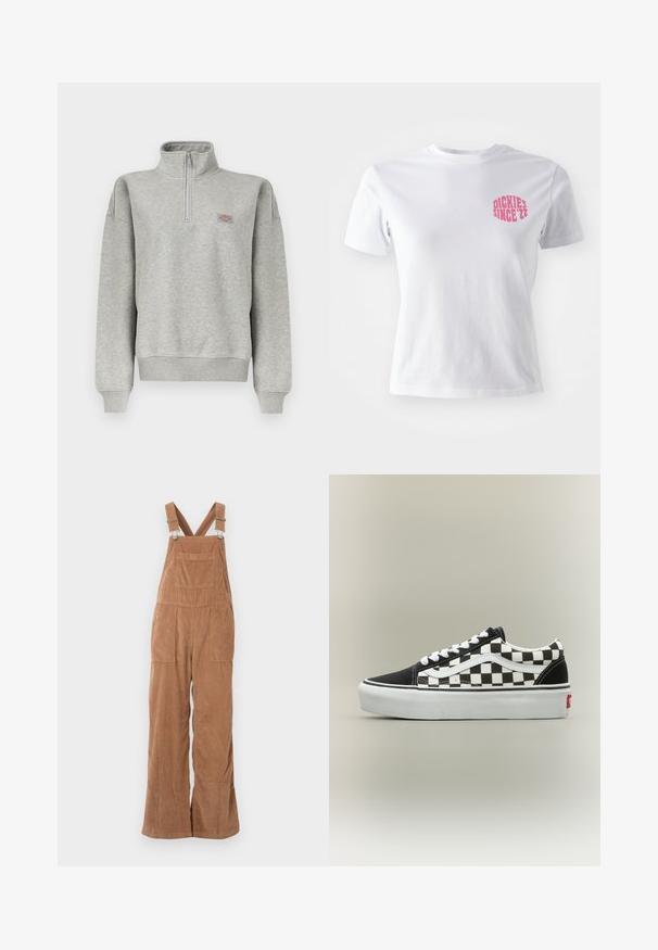 Hellgraues Sweatshirt mit Viertelreißverschluss, gerippten Bündchen und Saum, mit einem kleinen mehrfarbigen Logopatch auf der linken Brust.; Weißes Baumwoll-T-Shirt mit kurzen Ärmeln, versehen mit einem pinken Grafikdesign auf der linken Brust, das "DICKIES SINCE '22" zeigt. Klassisches Rundhals-Design.; Braune Corduroy-Latzhosen mit weitem Bein, verstellbaren Trägern und Vordertasche. Weiche Textur mit vertikalem Rippmuster.; Klassischer Low-Top Sneaker mit schwarz-weißem Schachbrettmuster, weißen Schnürsenkeln und dicker weißer Sohle auf neutralem Hintergrund.