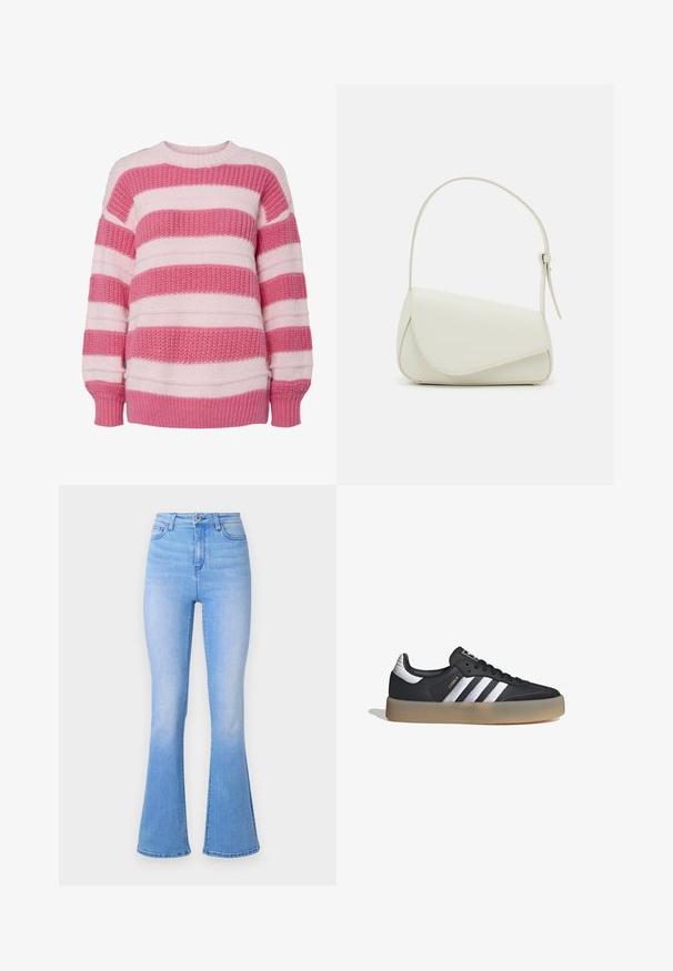 Suéter a rayas en rosa claro y rosa oscuro, hecho de un tejido texturizado, con cuello redondo y puños de canalé.; Jeans acampanados de color azul claro con una cintura alta, hechos de mezclilla. Presentan una textura suave y un ligero desvanecimiento hacia el dobladillo. Diseño clásico de cinco bolsillos.; Zapatilla deportiva de cuero negro con tres rayas plateadas, punta texturizada y suela de goma. Cuenta con un collar acolchado y un diseño con cordones.; Bolso de mano de imitación cuero blanco con una forma triangular estructurada, correa ajustable única y cierre con solapa acentuada en curva.