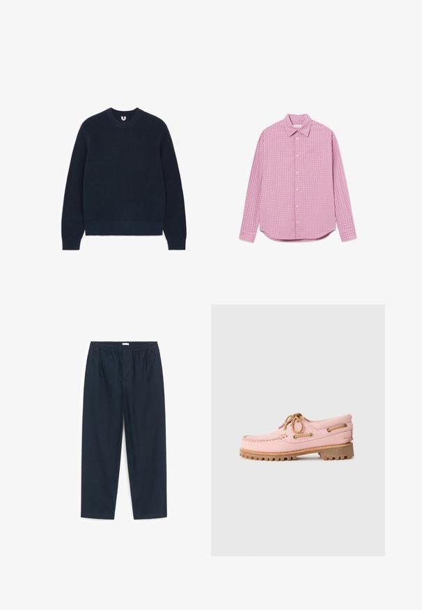 Donker marineblauwe gebreide trui met lange mouwen, een ronde hals en geribde boorden en zoom, plat liggend op een witte achtergrond.; Roze blouse met knopen, lange mouwen, klein geruit patroon, puntige kraag en afgeronde zoom, plat liggend op een witte achtergrond.; Marineblauwe broek met elastische taille, rechte pijpen, zijzakken en een vlakke voorkant, ontworpen voor casual gebruik.; Roze leren bootshoe met tan kleurige veters, metalen oogjes en een dikke bruine rubberen zool, zijwaarts weergegeven op een witte achtergrond.