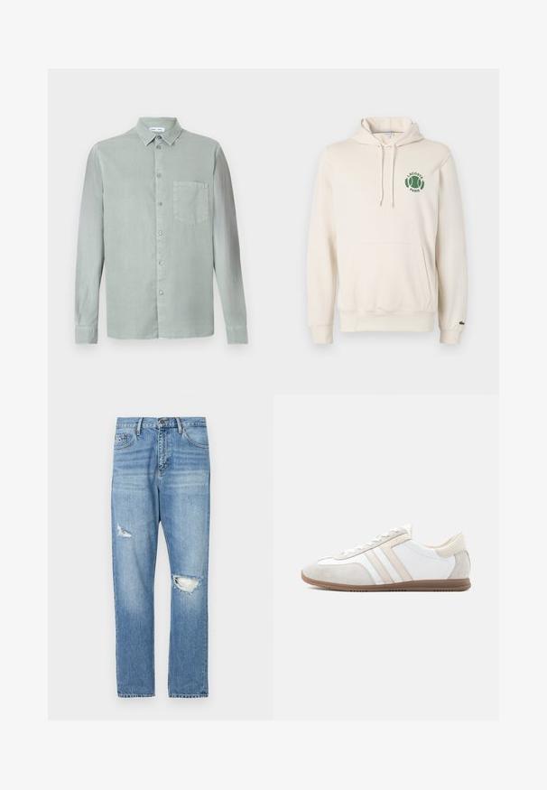 Witte hoodie met een voorste buidelzak, groene geborduurde logo met een tennismotief en de tekst "LACOSTE PARIS", en ribgebreide manchetten.; Lichtgroene overhemd met lange mouwen, een kraag met knopen, een borstas en een iets gestructureerde stof. Voorzien van bijpassende knopen.; Lichtblauwe denim jeans met een relaxte pasvorm, voorzien van twee versleten gaten aan de voorkant, standaard vijf-pocket ontwerp en stevige stiksels.; Laag uitgesneden witte en beige sneaker met suèdelook accenten, veterluiting en bruine rubberen zool, zijaanzicht op een effen achtergrond.