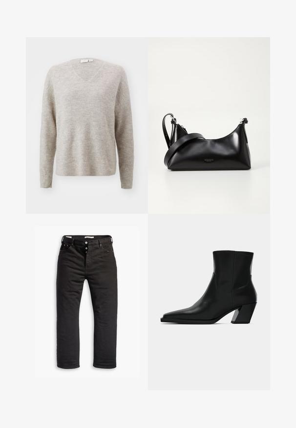 Beige v-hals sweater lavet af tekstureret ribbet stof, der har lange ærmer og en afslappet pasform. Generelt blød fremtoning med et subtilt mønster.; Sorte denim jeans med lige ben, med knaplukning, fem lommer og diskrete syninger. Glat tekstur.; Sortlæder ankelstøvle med spids tå, en slank silhuet og en kraftig firkantet hæl. Glat tekstur med minimale stikninger.; Sort læderhåndtaske med en glat tekstur. Har en justerbar stropp og et enkelt, minimalistisk design med lynlås.