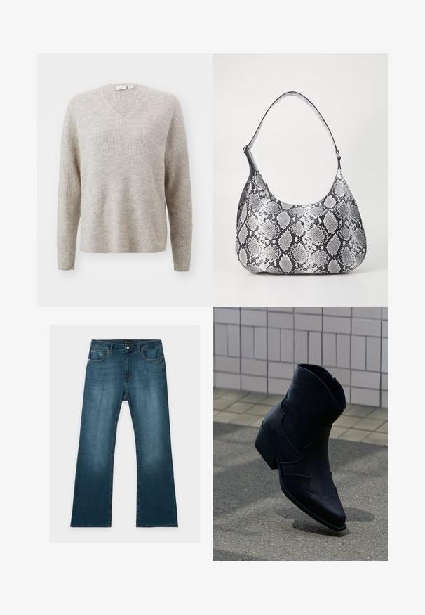 Beige V-Ausschnitt-Pullover aus strukturiertem Rippenmaterial, mit langen Ärmeln und lockerer Passform. Gesamtweichheit mit subtilen Mustern.; Blaue Jeans mit geradem Bein, vorderen und hinteren Taschen, Knopf- und Reißverschluss und dezenten verblassten Details an Oberschenkeln und Knien.; Schwarzer Lederknöchelstiefel mit niedrigem Absatz, dekorativen Nähten und spitzer Spitze, aufrecht auf einer gepflasterten Fläche neben einer gefliesten Wand positioniert.; Schultertasche im schwarz-weißen Schlangenprint mit runder Form, glatter Textur und gebogenem Tragegurt. Mit einem silbernen Hardware-Akzent.