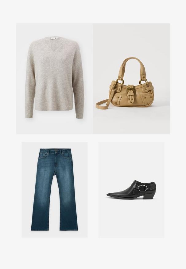 Beige V-Ausschnitt-Pullover aus strukturiertem Rippenmaterial, mit langen Ärmeln und lockerer Passform. Gesamtweichheit mit subtilen Mustern.; Blaue Jeans mit geradem Bein, vorderen und hinteren Taschen, Knopf- und Reißverschluss und dezenten verblassten Details an Oberschenkeln und Knien.; Schwarze Leder-Ankle-Boots mit spitzem Zeh, ausgestattet mit einem vorderen Leder-Riemen und einem silbernen Schnallendetail sowie einem niedrigen Blockabsatz.; Beige Lederhandtasche mit doppelten Griffen, Messingschnalle und Nieten, sowie verstellbarem Schultergurt vor weißem Hintergrund.