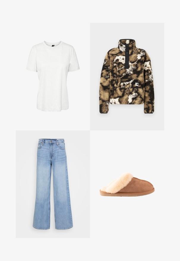 Fleece pullover i brun, sort og creme med en kvart lynlås, fire sort knaplukninger, frontlomme og logo patch på venstre nederste.; Hvid kortærmet t-shirt lavet af bomuld med rund halsudskæring og afslappet pasform. Glat tekstur og ingen synlige mønstre eller dekorationer.; Lyseblå bredbeinkleje i denim, med høj talje, forlommer og knaplukning med kobber hardware detaljer.; Brun ruskinds-slip-on-tøfler med tyk cremefarvet fleecelining og sål, designet til indendørs komfort og varme.