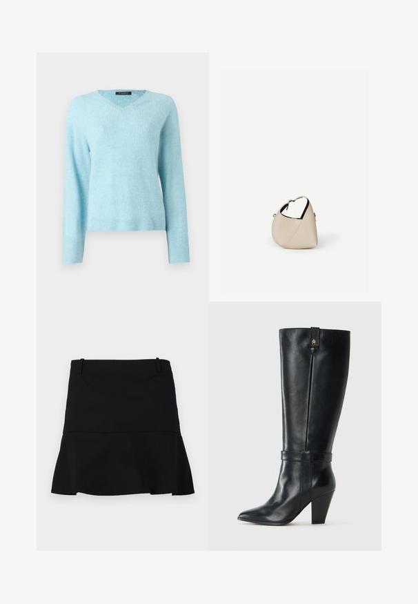 Pull en maille douce texturée bleu clair avec col en V. Manches longues avec poignets et ourlet côtelés. Design simple et sans ornements.; Jupe noire courte avec un léger évasement à l'ourlet et des passants de ceinture à la taille sur un fond blanc.; Botte en cuir noire mi-mollet avec bout pointu, talon bloc, sangle décorative autour de la cheville et petit logo en métal près du bord supérieur.; Sac à main en cuir beige en forme de croissant avec une seule bandoulière et des coutures minimalistes, posé sur un fond blanc uni.