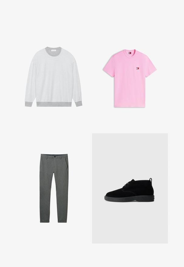 Grå og hvid sweatshirts med rund halsudskæring, lange ærmer, ribbede cuffe og et tekstureret stof. Minimalistisk design, ingen synlige logoer.; Lyserød T-shirt med korte ærmer og rund halsudskæring, med lille Tommy Jeans-logo på venstre bryst og indersiden af nakken.; Grå bukser lavet af struktureret stof, med en slim fit, sidelommer, bæltestropper og en enkelt knaplukning i livet.; Sorte ruskindsankelstøvler med rund tå, snørebåndsdesign, sort gummisål og en sløjfe bag på for nem påtagning.