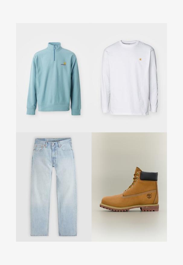 Light blue long-sleeve pullover with half-zip collar and small orange and brown Carhartt logo on left chest.; White long-sleeve t-shirt made of cotton. Features a small golden logo on the chest and a crew neckline. Simple design and standard fit.; Light blue denim jeans with a relaxed fit, featuring five pockets, a button closure, and subtle orange stitching details.; Brown leather ankle boot with black collar, yellow laces, and tan sole. Features logo and white stitching detail. Rugged traction outsole.