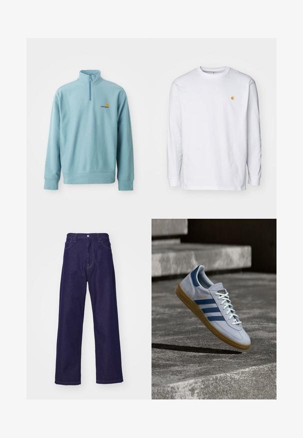Vaaleansininen pitkähihainen vetoketjullinen neule, jossa on pieni oranssi ja ruskea Carhartt-logo vasemmassa rinnassa.; Valkoinen pitkähihaisen t-paita, joka on valmistettu puuvillasta. Siinä on pieni kultainen logo rinnassa ja pyöreä pääntie. Yksinkertainen muotoilu ja normaali istuvuus.; Tumma sininen farkkukangas, leveät lahkeet ja korkea vyötärö, joissa on etutaskut ja nappisuljenta, esittäen sileää ja kestävää rakennetta.; Vaaleansiniset Adidas Spezial -lenkkarit tummansinisillä raidoin ja kumipohjalla, esitetty ilmassa betonportaiden yllä neutraalissa ulkoilmaympäristössä.