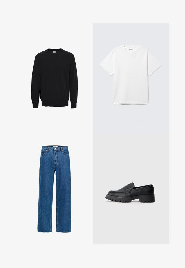 Sort sweater lavet af blødt stof, med rund halsudskæring, lange ærmer og ribbede manchetter og kant, med et glat og enkelt design.; Hvid kortærmet crewneck T-shirt lagt fladt ud, ensfarvet design, med "WEEKDAY" mærkat inde i kraven på en lys baggrund.; Bredde ben jeans i mørk blå denim. Funktionen inkluderer fem lommer, en knaplukning og diskret syning. Glat tekstur med minimal falming.; Sorte læder loafers med en rund tå, prydet med en dekorativ rem og en kraftig gummisål med dybe riller for grip.