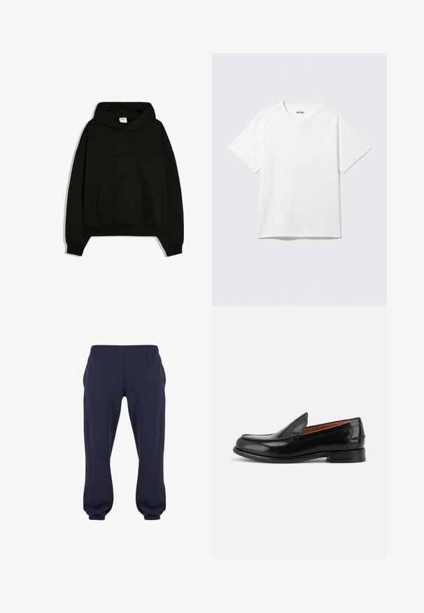 Sweat à capuche noir à manches longues, poche kangourou à l'avant et petite étiquette de marque à l'intérieur de l'encolure, posé à plat sur fond blanc.; T-shirt blanc à manches courtes et col rond, étalé à plat, design uni, avec l'étiquette "WEEKDAY" à l'intérieur du col sur un fond clair.; Pantalons de survêtement bleu marine avec une taille élastique et des manches resserrées, fabriqués en tissu doux, sans motifs ni accessoires visibles.; Mocassin noir en cuir poli, sans lacets, avec un petit talon et des coutures le long du bout et des côtés, vu de profil.