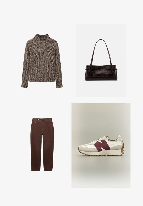 Pull en tricot marbré marron et beige avec des manches longues et un col montant côtelé, présenté sur un fond blanc.; Jean marron à jambe droite avec bouton frontal, fermeture éclair et design à cinq poches sur fond blanc.; Baskets blanches et beiges avec logo "N" bordeaux, devant à lacets et semelle marron texturée, présentées sur un fond neutre uni.; Sac à main rectangulaire marron foncé avec texture crocodile embossée et deux fines bretelles contre un fond uni.
