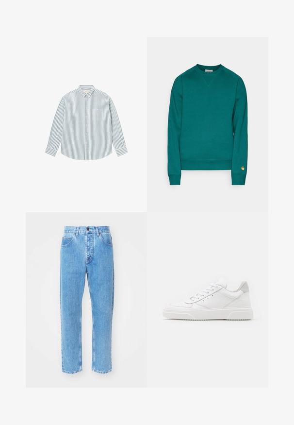 Carhartt WIP CHASE - Sweatshirt - chervil/gold; Chemise homme à manches longues avec boutons, rayures verticales vertes et blanches, et une poche poitrine unique brodée avec un petit détail jaune.; Des jeans en denim bleu clair présentent un design à jambe droite, cinq poches et une fermeture à bouton classique au niveau de la taille.; Des baskets en cuir blanc avec une finition lisse, un bout rond, des lacets plats et une semelle texturée. Accents en daim gris au niveau du talon.