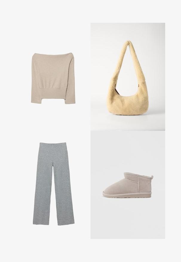 Pull en tricot beige à épaules dénudées avec un ourlet côtelé, des manches trois-quarts et une coupe décontractée, fabriqué en tissu doux.; Pantalon large en maille gris clair avec une taille épaisse et texturée. Le tissu présente un motif subtil et une coupe ample et décontractée.; Bottine en daim taupe avec bout arrondi, texture douce et détails de coutures minimaux. Semelle en caoutchouc plate pour le confort et la stabilité.; Sac à épaule en shearling beige avec une poignée incurvée et une forme arrondie. La texture est douce et pelucheuse, avec des accents matériels minimaux.