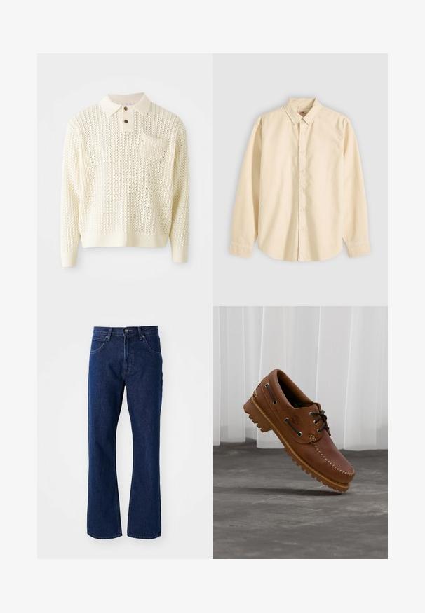 Lichte crème gebreide pullover met een textuurpatroon, een placket met twee knopen en een borstzak. Heeft geribbelde manchetten en een zoom.; Beige overhemd met lange mouwen, knopen en kraag, plat liggend met de knopen dicht en manchetten dichtgeknoopt op een lichte achtergrond.; Donkerblauwe rechte denim jeans met knoop- en ritsluiting, riemlussen en voorzakken tegen een effen achtergrond.; Bruine leren bootschoen met zwarte veters, beige stiksel en een robuuste zool, zwevend boven een grijze betonnen vloer.
