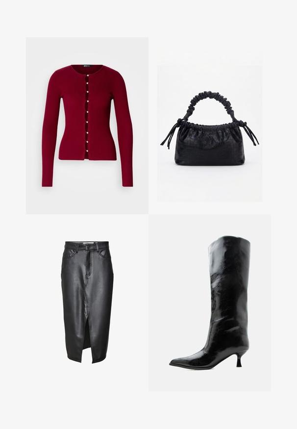 Cardigan rouge à côtes avec un col rond, présentant une série de boutons en perles et des découpes sur le devant. Manches longues.; Jupe en cuir noir au design mi-long, dotée d'une fente sur le devant, de passants de ceinture classiques et de détails cousus le long des coutures.; Botte en cuir noire brillante, haute jusqu'au genou, avec bout pointu et talon bas courbé sur un fond clair uni.; Sac à main noir avec texture crocodile, bord supérieur froncé, poignée plissée et pompons à cordon de chaque côté sur fond blanc.