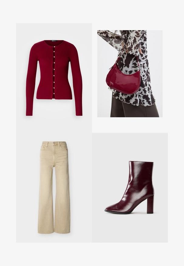 Cardigan rouge à côtes avec un col rond, présentant une série de boutons en perles et des découpes sur le devant. Manches longues.; Jean beige taille haute, jambe large, avec bouton et fermeture éclair à l'avant, poches avant et arrière, et passants pour ceinture sur fond blanc.; Botte en cuir bordeaux foncé brillant mi-mollet avec bout pointu et talon bloc haut sur fond neutre.; Femme portant un chemisier à motif noir et blanc tenant un sac à main rouge brillant sur un fond uni.