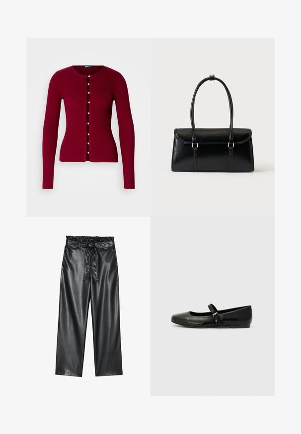 Cardigan rouge à côtes avec un col rond, présentant une série de boutons en perles et des découpes sur le devant. Manches longues.; Pantalons larges en simili cuir noir avec une taille élastiquée à volant et une ceinture à nouer amovible. Texture lisse et éclat minimal.; Ballerines en cuir noir avec un bout arrondi, une semelle plate et une fine sangle ajustable sur le cou-de-pied avec une boucle en métal.; Sac à main rectangulaire en cuir noir avec fermeture à rabat et deux longues anses sur fond blanc uni.