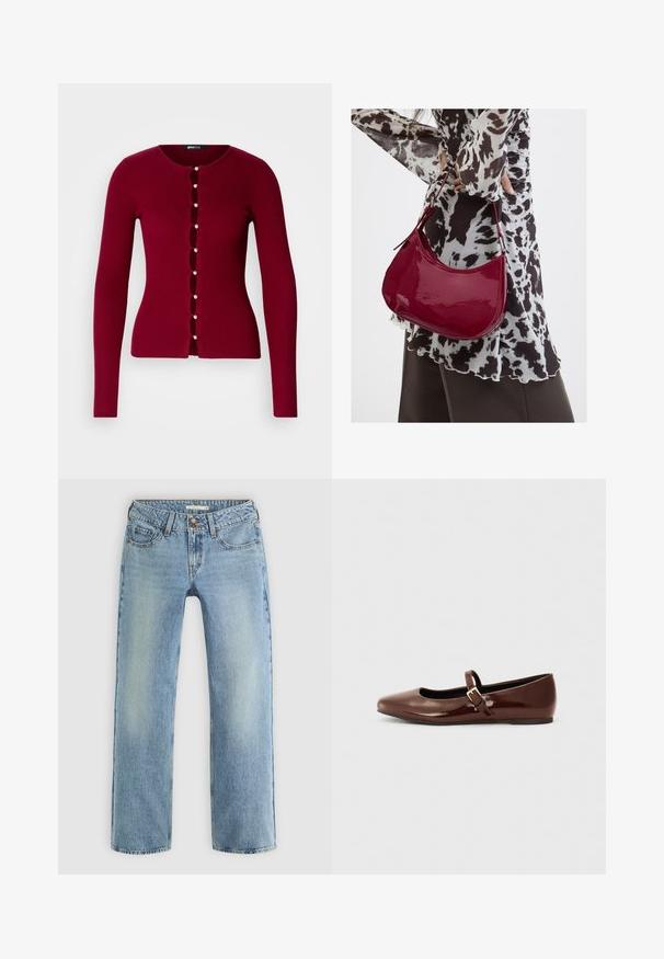 Cardigan rouge à côtes avec un col rond, présentant une série de boutons en perles et des découpes sur le devant. Manches longues.; Jeans droits bleu clair en denim, dotés d'une fermeture à bouton, de cinq poches et d'un léger dégradé le long des jambes.; Ballerine en cuir verni marron avec un bout carré et une lanière ornée d'une petite boucle dorée. Texture lisse, talon bas et design minimaliste.; Femme portant un chemisier à motif noir et blanc tenant un sac à main rouge brillant sur un fond uni.