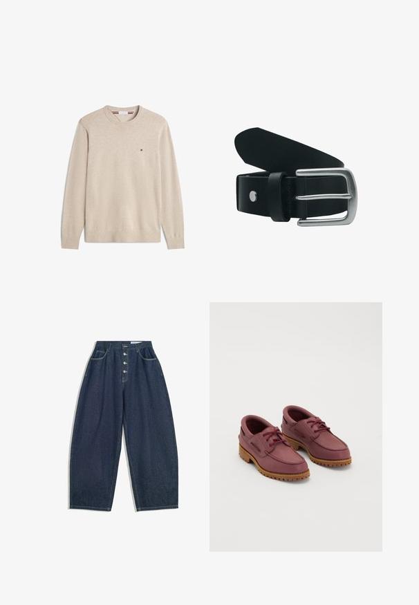 Beige trui met lange mouwen en een ronde hals, voorzien van een klein Tommy Hilfiger-logo op de linkerborst en geribbelde manchetten en zoom.; Donkerblauwe denim brede broek met een hoge taille, vijfknopen sluiting en vijf zakken. Heeft stiksels op de naden.; Een paar wijnrode leren bootschoenen met dikke tan rubberen zolen en rode veters op een witte achtergrond.; Zwarte leren riem opgerold met een matte zilveren rechthoekige metalen gesp en een enkele metalen klinknagel vlakbij de gespsluiting.