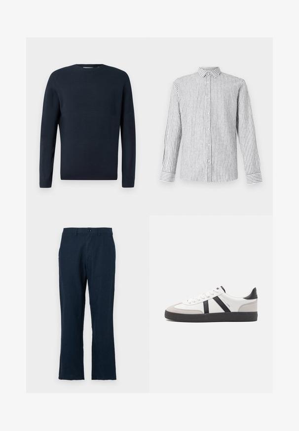 Only & Sons ONSMALIK CREW - Jersey de punto - navy; Camisa de manga larga de botón en gris claro con rayas verticales blancas. Presenta un cuello clásico y puños con un patrón a rayas.; Pantalones de lino azul marino con corte recto, cierre de botón y bolsillos estándar. La tela tiene una textura suave y un detalle mínimo.; Zapatilla blanca con acentos en negro y gris, que presenta una puntera texturizada en gris, suela de goma negra y cordones planos blancos. Diseño limpio, estilo minimalista.