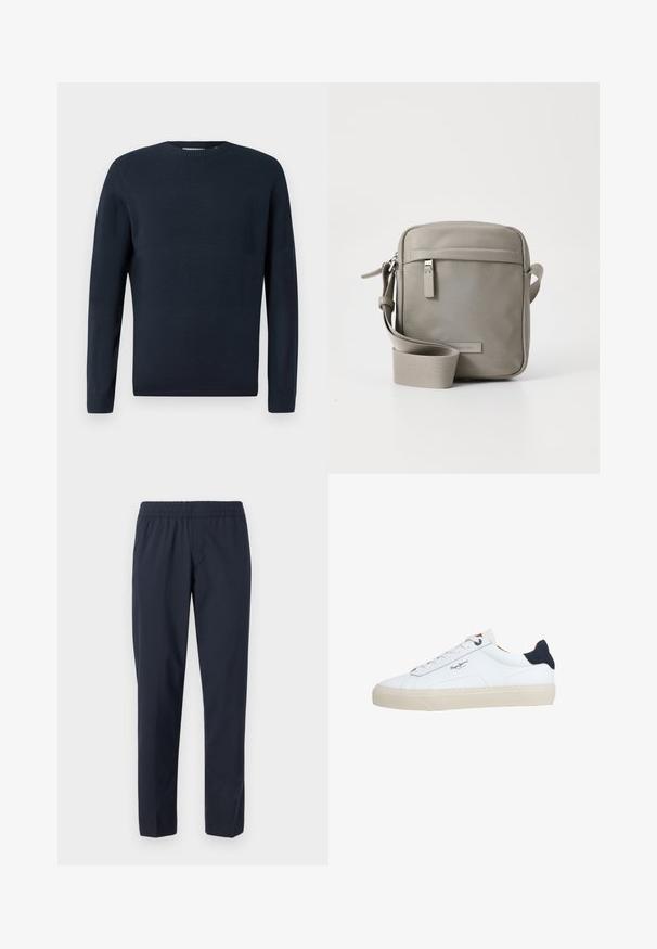 Only & Sons ONSMALIK CREW - Jersey de punto - navy; Pantalones de color azul marino con una cintura elástica, pierna recta, tejido ligero y sin bolsillos ni adornos visibles.; Zapatilla deportiva blanca de corte bajo con suela beige, cordones blancos, lengüeta trasera negra y logotipo "Pepe Jeans London" en el lateral.; Bolso cruzado gris con una textura suave, forma rectangular, correa ajustable, bolsillo con cremallera en la parte frontal y un logotipo de marca sutil en la parte delantera.