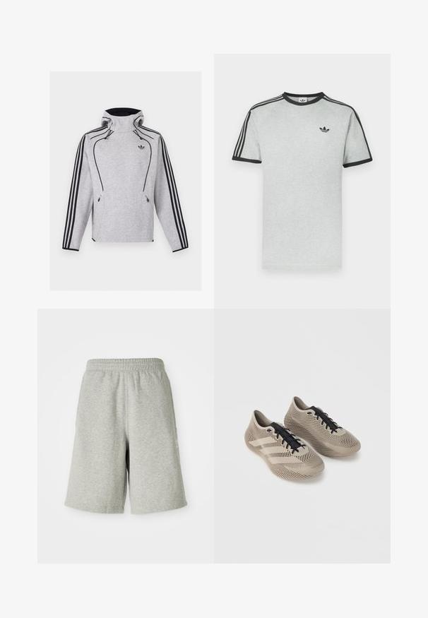 Helehall Adidas kapuutsiga dressipluus mustade triipude ning torude, lukuga taskute ja Adidas Trefoil logoga rinnal.; Hall hall t-särk mustade detailidega, millel on ümarsärk ja lühikesed varrukad. Õlgadel kolm musta triipu, rinnal väike logo.; Hallidest hallid puuvillased lühikesed püksid, millel on elastne vöökoht, põlvekõrgune disain ja peen külglogo detail. Pehme tekstuuriga, mugav ja sportlik sobivus.; Beezhii spordijalatsite paar mustade paeltega, millel on tekstuuriga triibuline muster ja kolm külgmist triipu ühtlasel taustal.