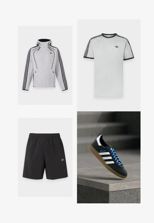 Sweat à capuche Adidas gris clair avec des rayures noires sur les manches, un passepoil noir, des poches zippées et le logo Adidas Trefoil sur la poitrine.; T-shirt gris avec accents noirs, doté d'un col rond et de manches courtes. Trois bandes noires sur les épaules, petit logo sur la poitrine.; Short de sport noir à taille élastique avec poches latérales et petit logo Adidas sur la jambe gauche.; Baskets Adidas noires avec des rayures blanches, des lacets bleus et une semelle en gomme flottant au-dessus d'une marche en béton grise sous une lumière douce.