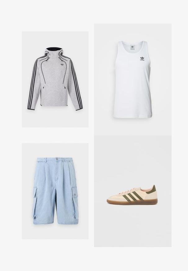 Ανοιχτό γκρι φούτερ Adidas με κουκούλα, μαύρες ρίγες στα μανίκια, μαύρο περίγραμμα, τσέπες με φερμουάρ και το λογότυπο Adidas Trefoil στο στήθος.; Λευκή ριμπ μπλούζα χωρίς μανίκια με στρογγυλή λαιμόκοψη, μαύρο λογότυπο Adidas στην αριστερή πλευρά του στήθους και άνετη εφαρμογή. Μαλακό βαμβακερό υλικό.; Φωτεινά μπλε τζιν cargo σορτς με πτυχές μπροστά, πλαϊνές τσέπες με καπάκια, θηλιές για ζώνη και κούμπωμα με κουμπί στη μέση.; Χαμηλού προφίλ μπεζ αθλητικό παπούτσι Adidas Spezial με πράσινες ρίγες, σόλα από καουτσούκ και την επωνυμία "SPEZIAL" στην πλευρά, εμφανίζεται από την εξωτερική πλευρά.