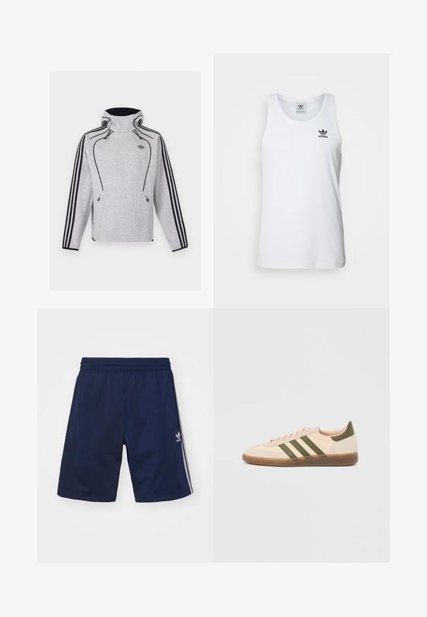 Lysegrå Adidas hættetrøje med sorte striber ned langs ærmerne, sort kant, lynlåslommer og Adidas Trefoil-logo på brystet.; Hvid ribbet tanktop med rund halsudskæring, sort Adidas-logo på venstre bryst og uden ærmer. Blødt bommateriale, afslappet pasform.; Marineblå atletikshorts lavet af et let materiale, med en elastisk talje og tre hvide striber på siderne. Adidas-logoet er vist.; Beige Adidas Spezial sneaker med lav profil, grønne striber, gummisål og "SPEZIAL"-branding på siden, vist fra ydersiden.