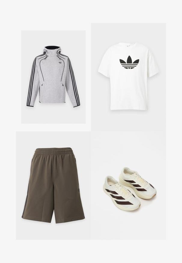 Ανοιχτό γκρι φούτερ Adidas με κουκούλα, μαύρες ρίγες στα μανίκια, μαύρο περίγραμμα, τσέπες με φερμουάρ και το λογότυπο Adidas Trefoil στο στήθος.; Λευκό βαμβακερό μπλουζάκι με μεγάλο μαύρο λογότυπο trefoil της Adidas και τρεις οριζόντιες γνωστές ρίγες από κάτω. Κοντά μανίκια, στρογγυλή λαιμόκοψη.; Καφέ ελαστικό σορτς με πλαϊνές τσέπες και διακριτικές μαύρες ρίγες κατά μήκος των εξωτερικών ραφών, παρουσιασμένο σε φωτεινό φόντο.; Ανοιχτόχρωμα αθλητικά παπούτσια με σκούρες καφέ διαγωνίους ρίγες, υφασμάτινο επάνω μέρος με υφή και μαλακή σόλα. Διαθέτει κίτρινη σήμανση "ADIZERO".
