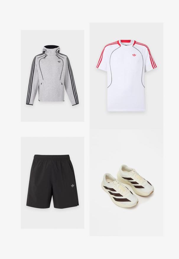 Ανοιχτό γκρι φούτερ Adidas με κουκούλα, μαύρες ρίγες στα μανίκια, μαύρο περίγραμμα, τσέπες με φερμουάρ και το λογότυπο Adidas Trefoil στο στήθος.; Λευκό κοντομάνικο αθλητικό μπλουζάκι με κόκκινες ρίγες στους ώμους και στα μανίκια, μαύρες λεπτομέρειες στο μπροστινό μέρος και κόκκινο λογότυπο Adidas trefoil στο στήθος.; Μαύροι αθλητικοί σορτς με ελαστική μέση, πλαϊνές τσέπες και μικρό λογότυπο Adidas στο αριστερό πόδι.; Ανοιχτόχρωμα αθλητικά παπούτσια με σκούρες καφέ διαγωνίους ρίγες, υφασμάτινο επάνω μέρος με υφή και μαλακή σόλα. Διαθέτει κίτρινη σήμανση "ADIZERO".