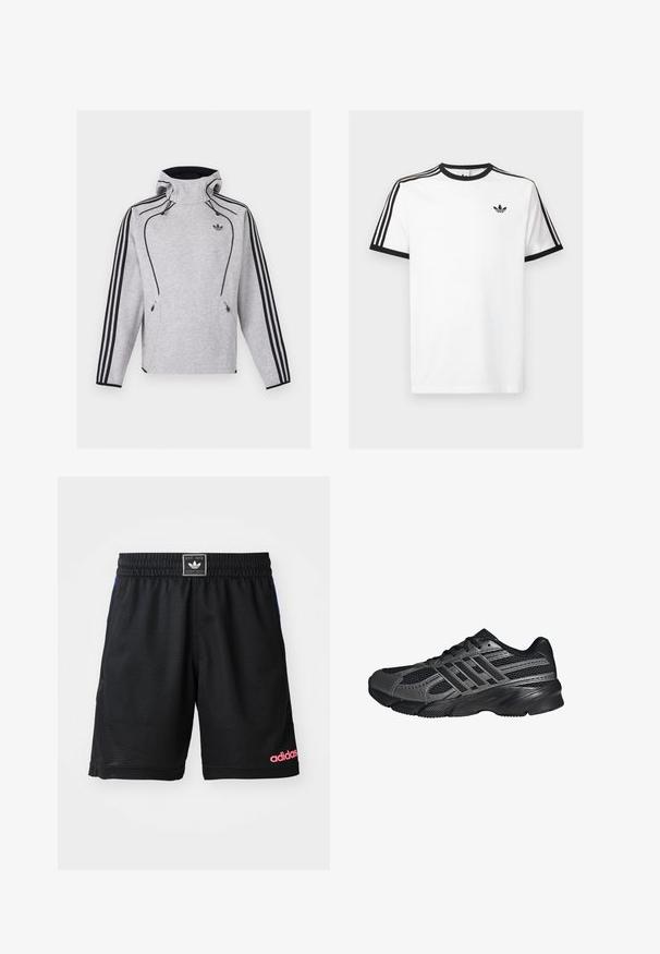 Lysegrå Adidas hættetrøje med sorte striber ned langs ærmerne, sort kant, lynlåslommer og Adidas Trefoil-logo på brystet.; Hvid bomulds t-shirt med sort ribkant ved hals og ærmer, med tre sorte striber på hver skulder og et lille logo på brystet.; Sort sportsshorts lavet af tekstureret, åndbart stof. Har en elastisk talje og et pink "adidas"-logo på den nederste højre side.; Sorte træningssko lavet af mesh og syntetiske materialer, med en tekstureret overflade, flere grå striber og en polstret krave.