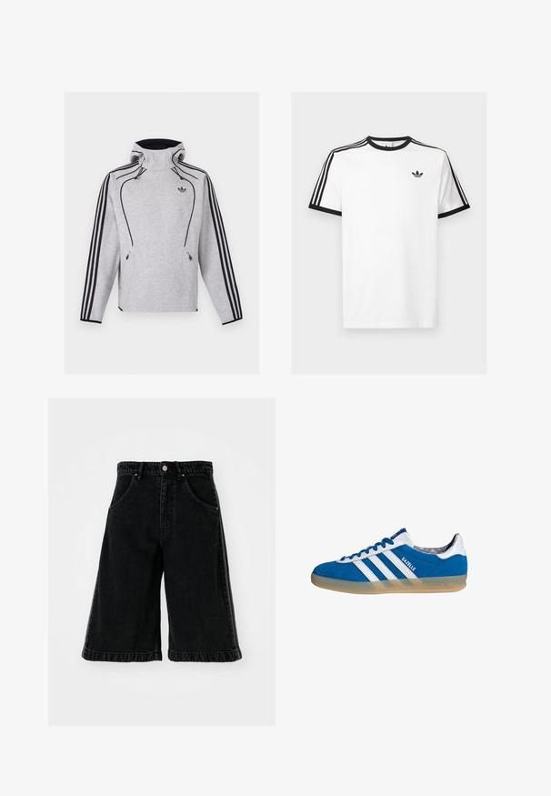 Lysegrå Adidas hættetrøje med sorte striber ned langs ærmerne, sort kant, lynlåslommer og Adidas Trefoil-logo på brystet.; Hvid bomulds t-shirt med sort ribkant ved hals og ærmer, med tre sorte striber på hver skulder og et lille logo på brystet.; Sorte denimshorts med bred ben-design, der har høj talje, bæltestropper og forlommer. Minimalistisk syninger og hardware detaljer.; Blå og hvide Adidas Gazelle sneaker med gummisål og tre hvide striber, set fra siden på en hvid baggrund.