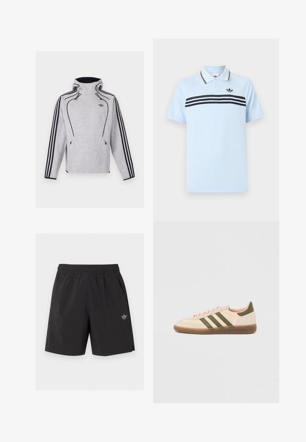 Sweat à capuche Adidas gris clair avec des rayures noires sur les manches, un passepoil noir, des poches zippées et le logo Adidas Trefoil sur la poitrine.; Polo bleu clair en tissu texturé avec des bandes noires en accent et un logo noir sur la poitrine. Présente un col à revers.; Short de sport noir à taille élastique avec poches latérales et petit logo Adidas sur la jambe gauche.; Baskets beige discrètes Adidas Spezial avec des bandes vertes, une semelle en caoutchouc et le logo "SPEZIAL" sur le côté, vues de l'extérieur.