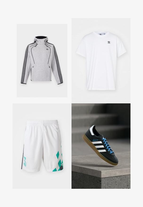 Sudadera con capucha Adidas gris claro con rayas negras en las mangas, ribetes negros, bolsillos con cremallera y logo adidas Trefoil en el pecho.; Camiseta blanca de algodón con mangas cortas, escote redondo y un logo negro de Adidas con tres franjas en la zona del lado izquierdo del pecho.; Shorts deportivos blancos con cintura elástica, que presentan un patrón geométrico en color azul verdoso y detalles en negro en los laterales. Incluye el número "3" grande.; Zapatilla negra Adidas con franjas blancas, cordones azules y suela de goma flotando sobre un escalón de hormigón gris con luz suave.