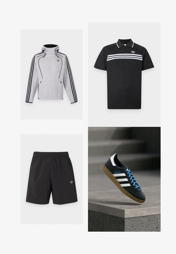 Sweat à capuche Adidas gris clair avec des rayures noires sur les manches, un passepoil noir, des poches zippées et le logo Adidas Trefoil sur la poitrine.; Polo noir avec un col zippé, comportant trois bandes blanches horizontales traversant la poitrine et un petit logo en haut à gauche.; Short de sport noir à taille élastique avec poches latérales et petit logo Adidas sur la jambe gauche.; Baskets Adidas noires avec des rayures blanches, des lacets bleus et une semelle en gomme flottant au-dessus d'une marche en béton grise sous une lumière douce.