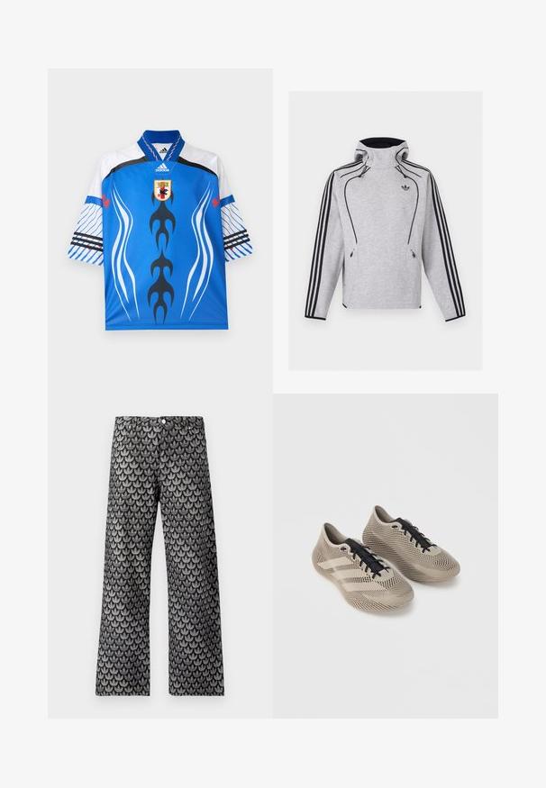 Ανοιχτό γκρι φούτερ Adidas με κουκούλα, μαύρες ρίγες στα μανίκια, μαύρο περίγραμμα, τσέπες με φερμουάρ και το λογότυπο Adidas Trefoil στο στήθος.; Μπλε αθλητική φανέλα Adidas με λευκές και μαύρες αφηρημένες φλόγες, λευκά μανίκια με μπλε ρίγες και έμβλημα ασπίδας στο κέντρο κάτω από το γιακά.; Παντελόνια με φαρδιά μπατζάκια σε μαύρο και γκρι χρώμα με υφή φύλλων. Διαθέτουν κλασικό σχέδιο με πέντε τσέπες και κλείσιμο με μεταλλικό κουμπί.; Ζευγάρι μπεζ αθλητικά παπούτσια με μαύρα κορδόνια, διαθέτοντας υφή με ριγέ μοτίβο και τρεις πλαϊνές γραμμές σε απλό φόντο.