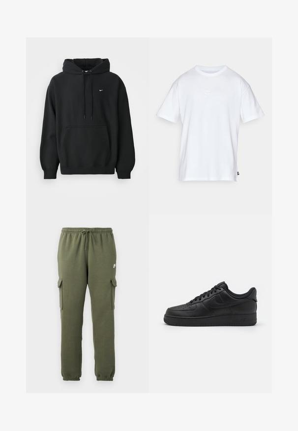 Sudadera negra de Nike con bolsillo frontal tipo canguro, capucha con cordón, puños acanalados y pequeño logo de Nike en blanco en el pecho.; Camiseta de algodón blanca con mangas cortas y cuello redondo. Presenta un pequeño y sutil logo de Nike en el pecho y una etiqueta lateral.; Pantalones cargo verde oliva con cintura elástica, cierre con cordón, bolsillos laterales y logotipo de la marca en el muslo. Tejido suave de mezcla de algodón.; Nike Sportswear AIR FORCE 1 07 FLYEASE - Zapatillas - black