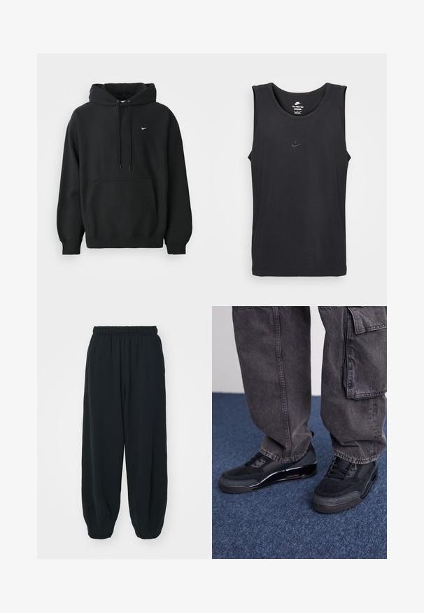 Sort Nike hoodie med frontlomme, snor i hætten, ribbede manchetter og lille hvid Nike swoosh-logo på brystet.; Sort ærmeløs Nike tanktop lavet af bomuld, med rund halsudskæring og et lille præget logo på brystet. Glat stoftekstur.; Sorte svedbukser med elastisk talje, løs pasform, afsluttede ankler, glat tekstur og uden synlige mønstre eller hardware-detaljer.; Sorte sportsko med en struktureret overflade, glatte detaljer og en kraftig sål, der er parret med mørke, løstsiddende cargo-bukser.