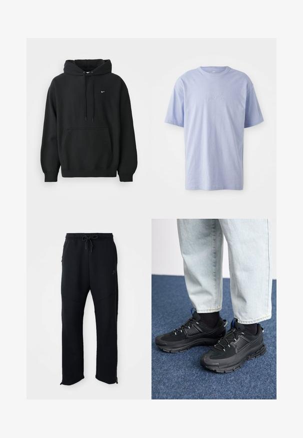 Must musta Nike, millega on ees tasku, nööriga kapuuts, pitsiga mansetid ja väike valge Nike swoosh logo rinnal.; Heleheles sinine puuvillane T-särk ümmarguse kaelusega ja lühikeste varrukatega. Ees keskel on reljeefne "nike" logo. Pehme tekstuur.; Mustad mustaräätsed paelaga ja elastse vööga, küljetaskud, kitsenevad sääred ja tõmblukud pahkluude juures. Sile tekstuur.; Mustad mustad jooksukingad, millel on tekstureeritud kangas ja kummist tallad, elastsed nöörid ning sinine aksent kandadel. Kandmine heledate teksadega.