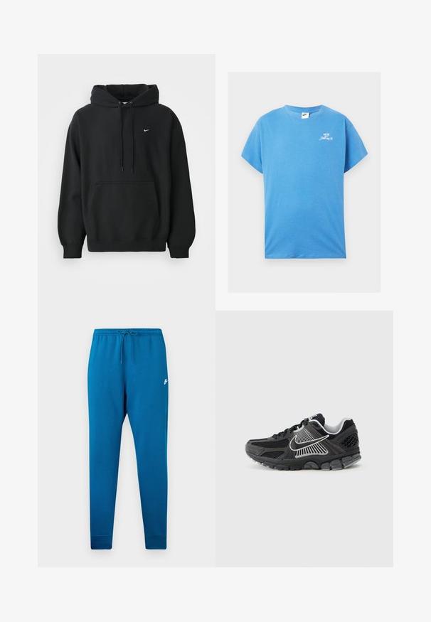 Sudadera negra de Nike con bolsillo frontal tipo canguro, capucha con cordón, puños acanalados y pequeño logo de Nike en blanco en el pecho.; Camiseta de algodón azul con mangas cortas, escote redondo y el logo blanco "Just Do It" en el pecho. Textura suave, ajuste relajado, diseño casual.; Pantalones deportivos azul con cintura elástica y cordón ajustable. Presenta un logo blanco en el muslo y puños ajustados en los tobillos.; Zapatilla deportiva negra con paneles de malla y detalles sintéticos. Presenta una punta redondeada, suela gruesa acolchada y detalles de logo en blanco que contrastan.