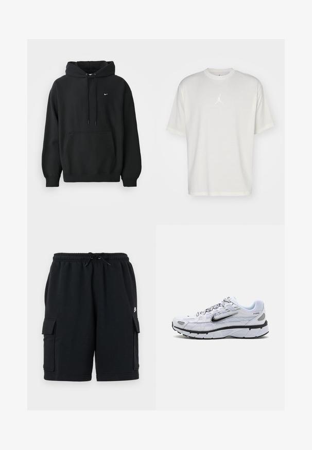 Sort Nike hoodie med frontlomme, snor i hætten, ribbede manchetter og lille hvid Nike swoosh-logo på brystet.; Hvid bomulds t-shirt med rund halsudskæring, korte ærmer og et lille broderet logo i midten. Løst fit design med minimal syning.; Sorte cargoshorts i bomuld med elastisk talje og snøre, der har to sidelommer og et lille logo.; Hvide løbesko med mesh-overdel, rund tå, sorte accenter og mønstret sål. Har snøring og branding på siden.