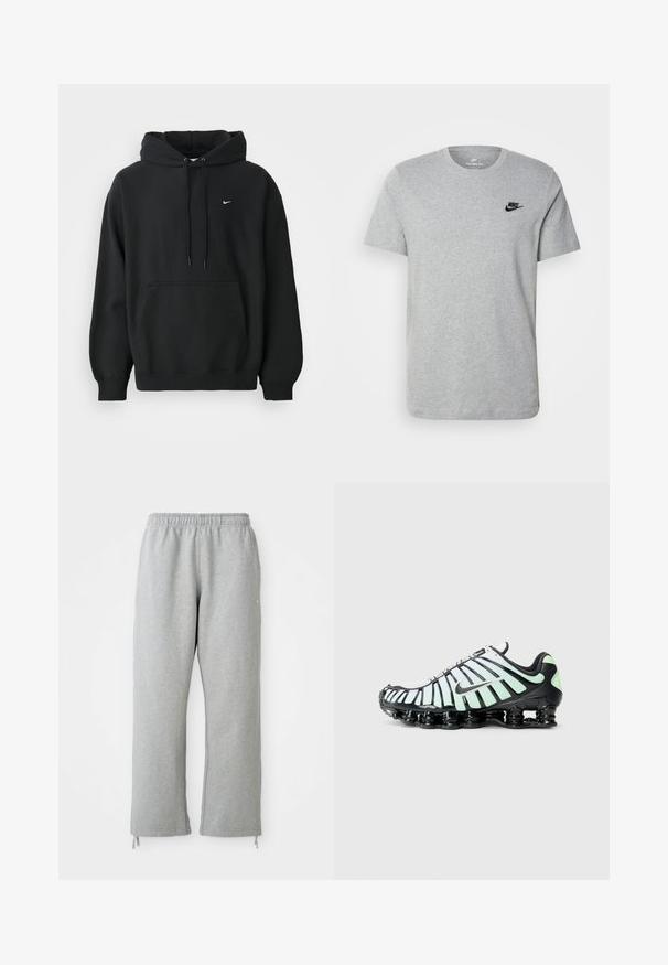 Zwarte Nike hoodie met een voorzak, een capuchon met trekkoord, ribgebreide manchetten en een klein wit Nike swoosh-logo op de borst.; Grijze T-shirt met korte mouwen van katoen, voorzien van een zwart Nike-logo op de borst en een ronde halslijn. Minimalistisch ontwerp zonder patronen.; Grijze sweatpants met een elastische tailleband, rechte pijpen en trekkoordaccenten aan de zoom. Gemaakt van zachte, gestructureerde stof.; Nike sportschoen met een zwart en mintgroen ontwerp, mesh bovenwerk met gebogen accenten en een opvallende zwarte dempingzool.