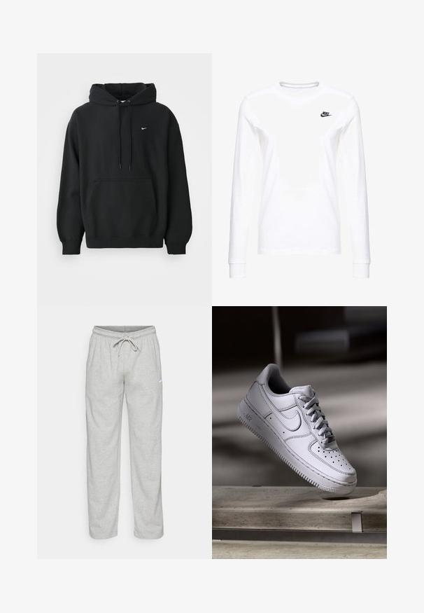 Haut à capuche Nike noir avec poche kangourou à l'avant, cordon de serrage à la capuche, poignets côtelés et petit logo Swoosh Nike blanc sur la poitrine.; T-shirt blanc à manches longues en coton, arborant un petit logo noir de Nike sur la poitrine gauche et un col rond. Texture lisse.; Pantalon de survêtement gris clair en tissu doux. Dispose d'une taille élastique avec cordon de serrage et logo Nike en noir sur la cuisse gauche.; La basket Nike Air Force 1 en cuir blanc présente un embout perforé, des lacets plats et une semelle en caoutchouc texturée avec le logo « AIR » sur le côté.
