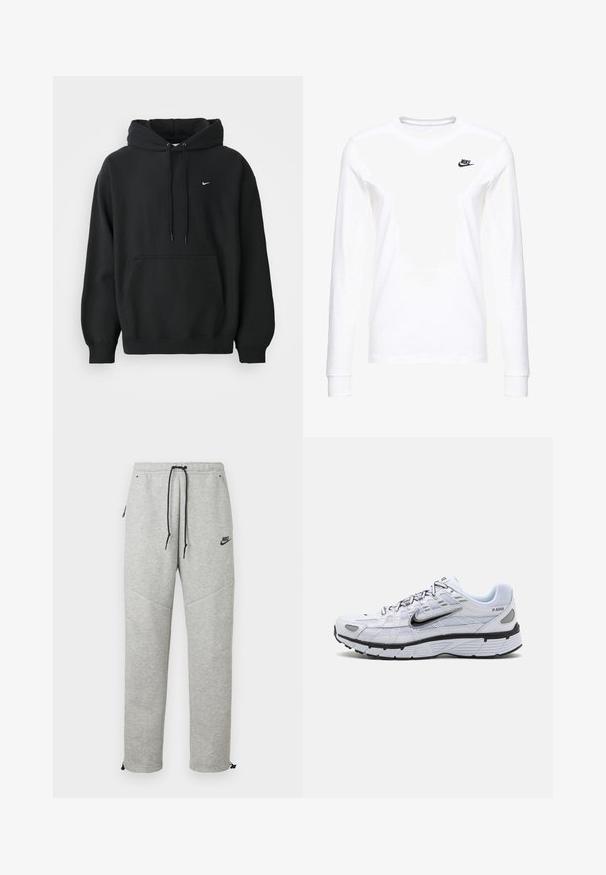Zwarte Nike hoodie met een voorzak, een capuchon met trekkoord, ribgebreide manchetten en een klein wit Nike swoosh-logo op de borst.; Witte lange mouwen T-shirt van katoen, met een klein zwart Nike-logo op de linkerkant van de borst en een ronde halslijn. Gladde textuur.; Grijze Nike trainingsbroek met een verstelbare tailleband, zijzakken en elastische boorden. Heeft een soepele textuur en contrasterende zwarte logo-details.; Witte hardloopschoen met een bovenkant van mesh, ronde neus, zwarte accenten en een geëtst zool. Kenmerken van veters en branding aan de zijkant.