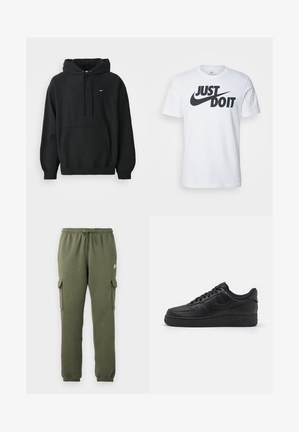 Čierna mikina Nike s predným vreckom, kapucňou so šnúrkou, patentnými manžetami a malým bielym logom Nike na hrudi.; Biely bavlnený tričko s výrazným čiernym logom "Just Do It" a Nike swoosh. Klasický strih s okrúhlym výstrihom a krátkymi rukávmi.; Olivové cargo nohavice s elastickým pásom, šnúrkovým zapínaním, bočnými vreckami a značkovým logom na stehne. Hladká zmes bavlny.; Nike Sportswear AIR FORCE 1 07 FLYEASE - Tenisky - black